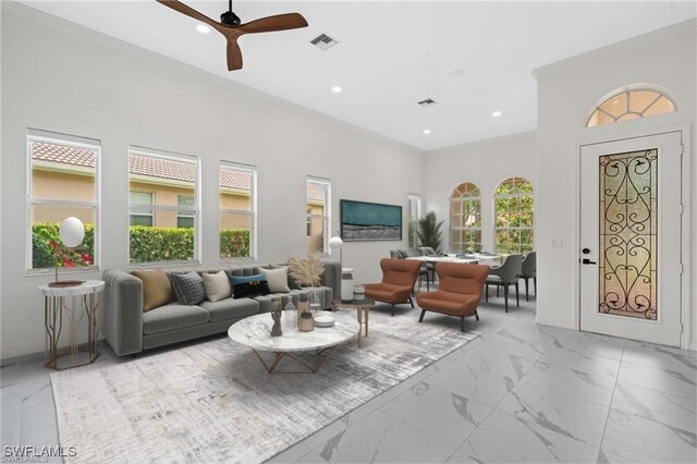 living room with visible vents, recessed lighting, marble finish floor, and ceiling fan
