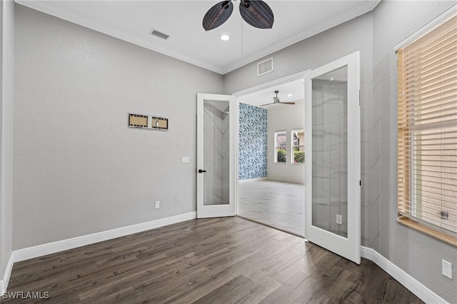 2160 Vardin Pl, Naples, FL 34120 - spare room with ceiling fan, french doors, dark wood-style flooring, ornamental molding, and recessed lighting