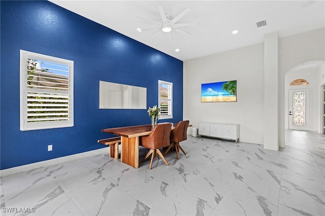 2160 Vardin Pl, Naples, FL 34120 - office area with plenty of natural light, baseboards, a high ceiling, recessed lighting, and a ceiling fan