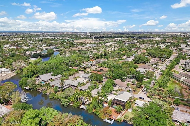 aerial view featuring a water view and a residential view