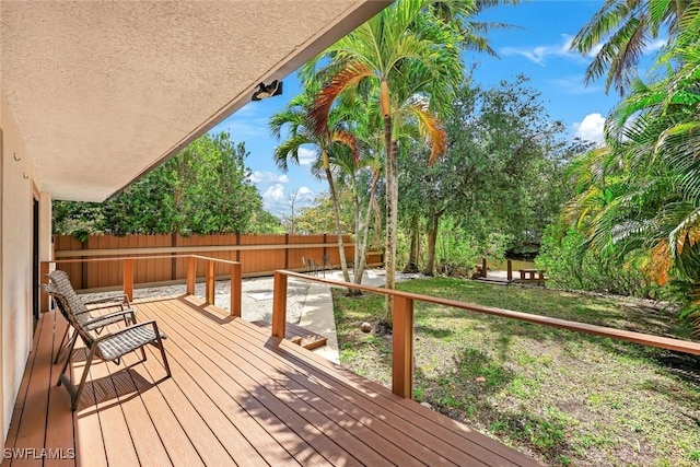 wooden deck with a fenced backyard