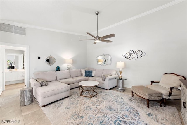 28970 Vermillion Ln, Bonita Springs, FL 34135 - living area with ornamental molding, a ceiling fan, light tile patterned floors, and baseboards