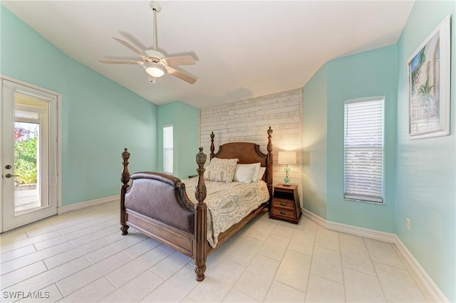 1368 Grebe Dr, Punta Gorda, FL 33950 - bedroom with access to exterior, ceiling fan, lofted ceiling, and baseboards