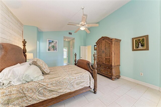 1368 Grebe Dr, Punta Gorda, FL 33950 - bedroom featuring light tile patterned floors, baseboards, visible vents, lofted ceiling, and ceiling fan