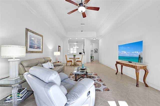 8120 Sanctuary Dr Unit 1, Naples, FL 34104 - living room with a ceiling fan, ornamental molding, light tile patterned floors, and baseboards