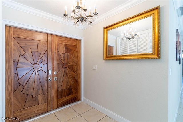 209 Pinehurst Cir, Naples, FL 34113 - entrance foyer with light tile patterned flooring, baseboards, a notable chandelier, and ornamental molding