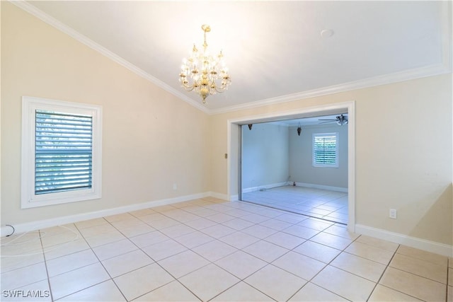209 Pinehurst Cir, Naples, FL 34113 - spare room with a chandelier, baseboards, ornamental molding, lofted ceiling, and light tile patterned floors