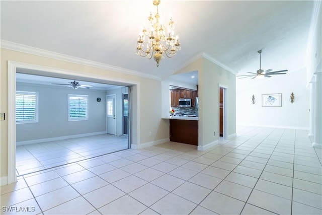 209 Pinehurst Cir, Naples, FL 34113 - unfurnished living room with baseboards, ornamental molding, light tile patterned floors, and ceiling fan with notable chandelier