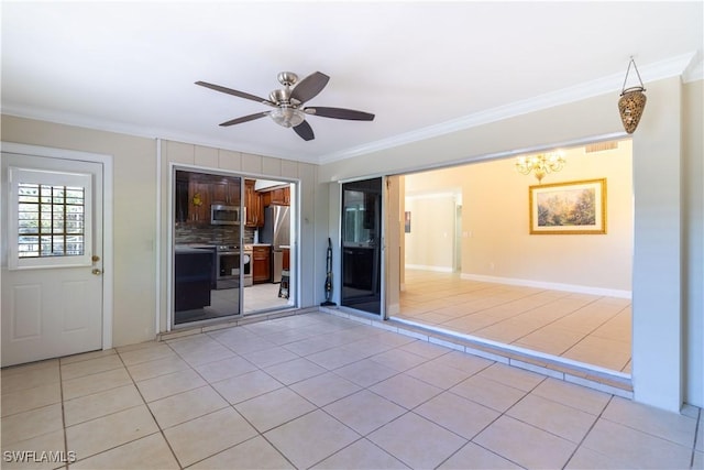 209 Pinehurst Cir, Naples, FL 34113 - unfurnished room featuring light tile patterned flooring, ornamental molding, and ceiling fan with notable chandelier