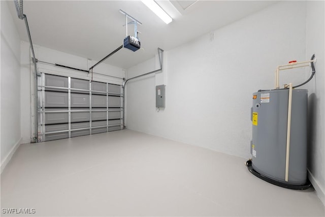 garage with water heater, electric panel, and a garage door opener