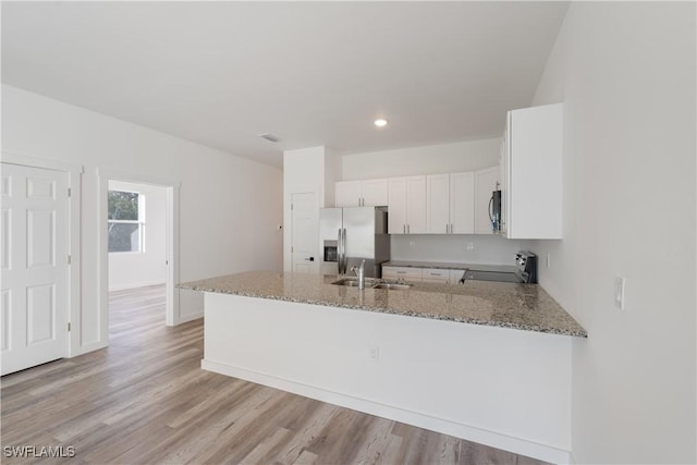kitchen with a sink, light stone counters, white cabinets, a peninsula, and appliances with stainless steel finishes