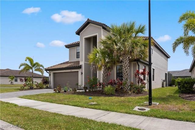 11621 Timber Creek Dr, Fort Myers, FL 33913 - view of front facade with a tiled roof, an attached garage, concrete driveway, a front lawn, and stucco siding