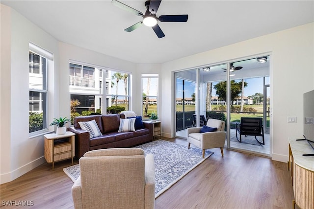 16451 Millstone Cir Unit 101, Fort Myers, FL 33908 - living room with a ceiling fan, light wood finished floors, plenty of natural light, and baseboards