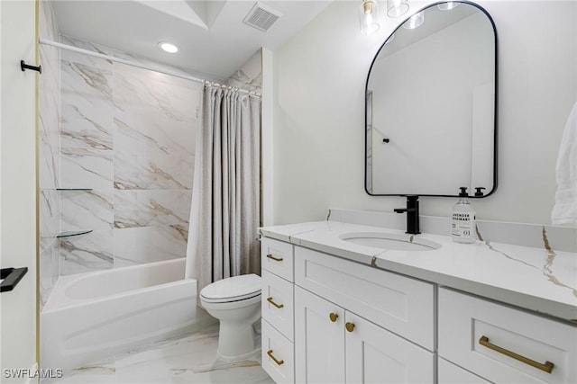 16451 Millstone Cir Unit 101, Fort Myers, FL 33908 - full bath with marble look tiles, vanity, toilet, shower / bath combo, and recessed lighting