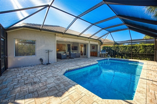 9078 Shadow Glen Way, Fort Myers, FL 33913 - outdoor pool featuring a patio area, outdoor lounge area, a grill, and glass enclosure