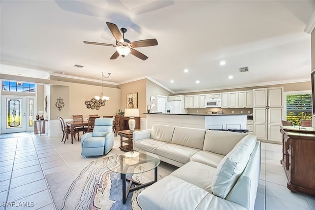 9078 Shadow Glen Way, Fort Myers, FL 33913 - living area featuring crown molding, light tile patterned flooring, a ceiling fan, recessed lighting, and a chandelier