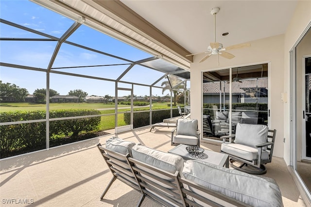 13471 Bridgeford Ave, Bonita Springs, FL 34135 - view of patio featuring an outdoor living space, a ceiling fan, and glass enclosure