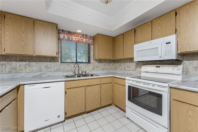 801 Islamorada Blvd Unit 21A, Punta Gorda, FL 33955 - kitchen featuring white appliances, a sink, light countertops, decorative backsplash, and crown molding
