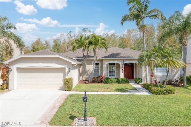 view of front facade with an attached garage, stucco siding, a front yard, and concrete driveway