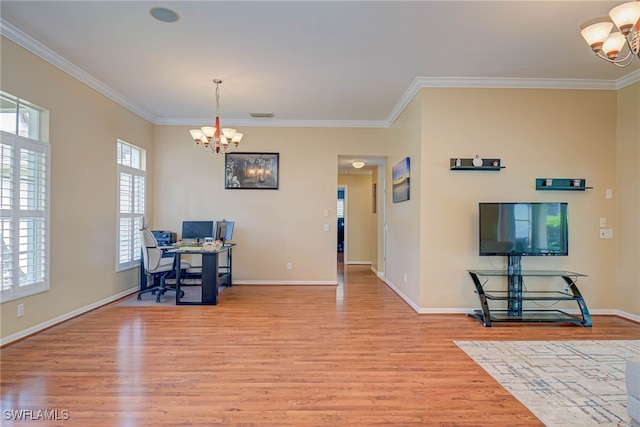 interior space with crown molding, baseboards, an inviting chandelier, and light wood-type flooring