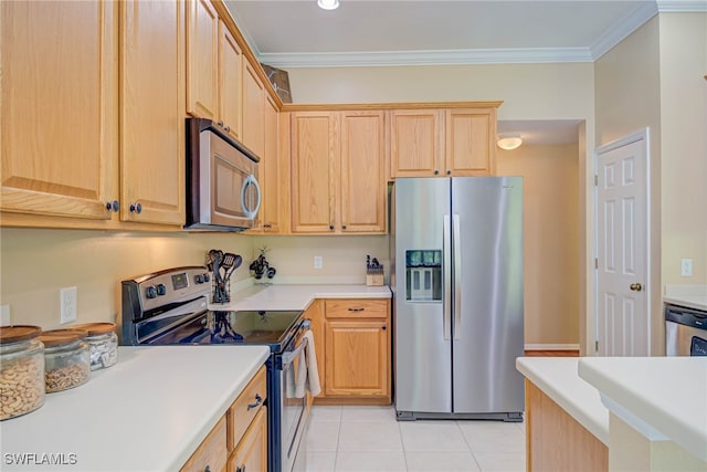 kitchen with crown molding, stainless steel appliances, light tile patterned floors, and light brown cabinets