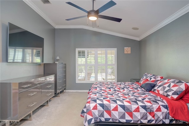 carpeted bedroom with crown molding, ceiling fan, lofted ceiling, and visible vents