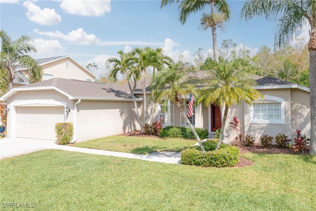 view of front of home with concrete driveway, a garage, a front yard, and stucco siding