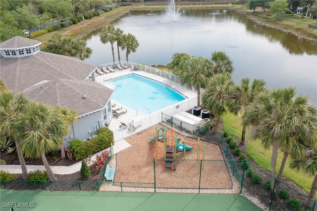 birds eye view of property featuring a water view