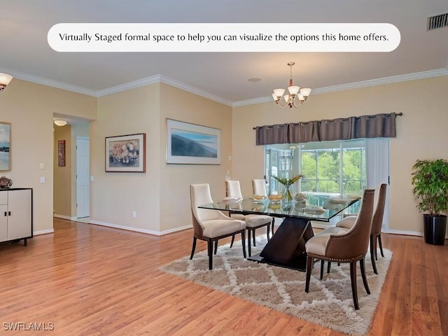 dining area with an inviting chandelier, crown molding, wood finished floors, and visible vents