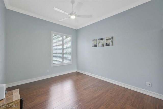 6044 Andros Way, Naples, FL 34119 - empty room with dark wood-style floors, crown molding, ceiling fan, and baseboards
