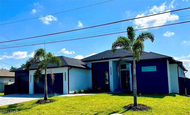 ranch-style home with a garage, a front lawn, stucco siding, and decorative driveway
