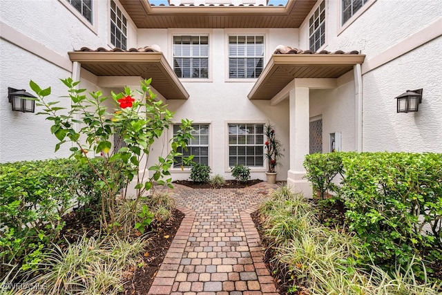 entrance to property featuring stucco siding