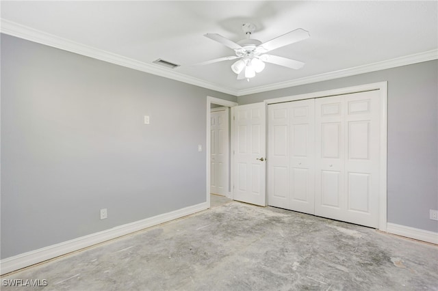 2324 Westwood Rd, North Fort Myers, FL 33917 - unfurnished bedroom featuring crown molding, a closet, concrete flooring, a ceiling fan, and visible vents