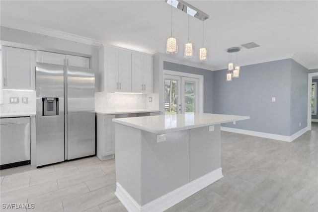 2324 Westwood Rd, North Fort Myers, FL 33917 - kitchen featuring stainless steel fridge with ice dispenser, ornamental molding, tasteful backsplash, and dishwashing machine