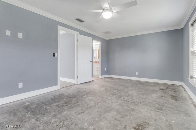 2324 Westwood Rd, North Fort Myers, FL 33917 - empty room featuring crown molding, visible vents, a ceiling fan, and unfinished concrete floors
