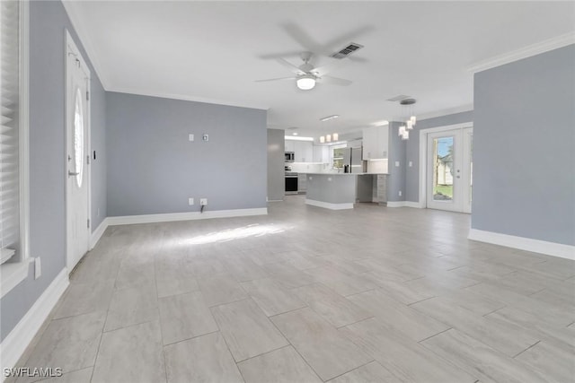2324 Westwood Rd, North Fort Myers, FL 33917 - unfurnished living room with ceiling fan with notable chandelier, baseboards, ornamental molding, and visible vents