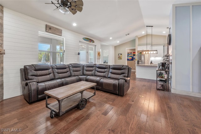 living room with recessed lighting, a ceiling fan, dark wood finished floors, and lofted ceiling