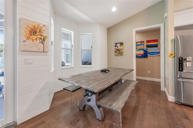 dining space featuring recessed lighting, baseboards, dark wood-style floors, and lofted ceiling
