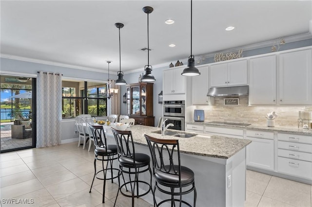 4464 Magellan St, Ave Maria, FL 34142 - kitchen with crown molding, under cabinet range hood, a sink, black electric stovetop, and double oven