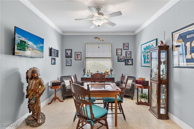4464 Magellan St, Ave Maria, FL 34142 - dining space with light tile patterned flooring, baseboards, ceiling fan, and ornamental molding
