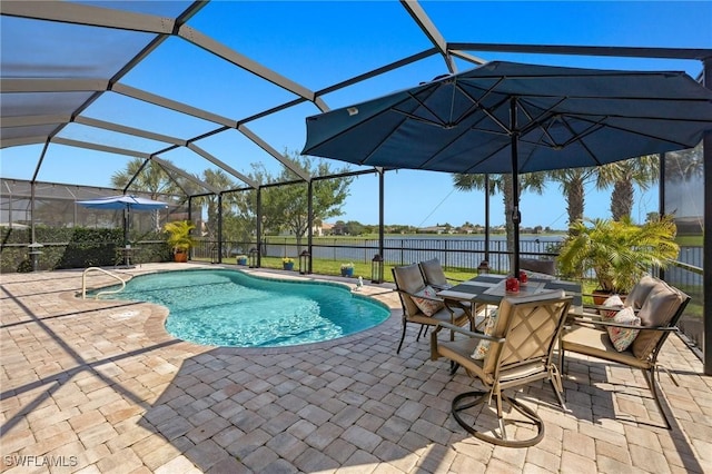 4464 Magellan St, Ave Maria, FL 34142 - view of pool with a fenced in pool, a water view, a lanai, and a patio