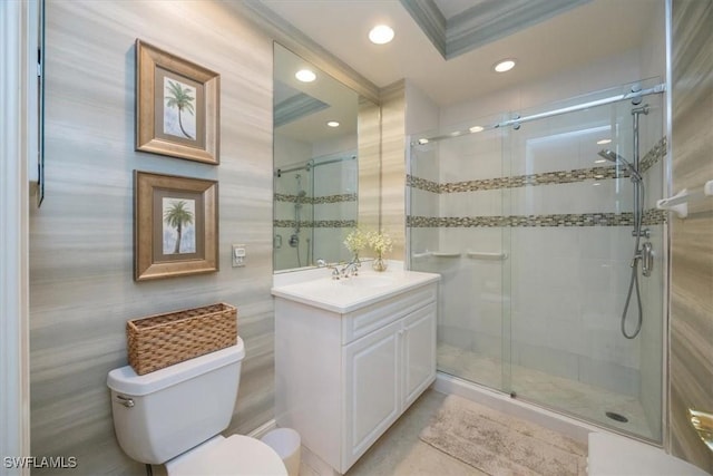 730 Waterford Dr Unit 102, Naples, FL 34113 - bathroom featuring toilet, a stall shower, recessed lighting, and vanity