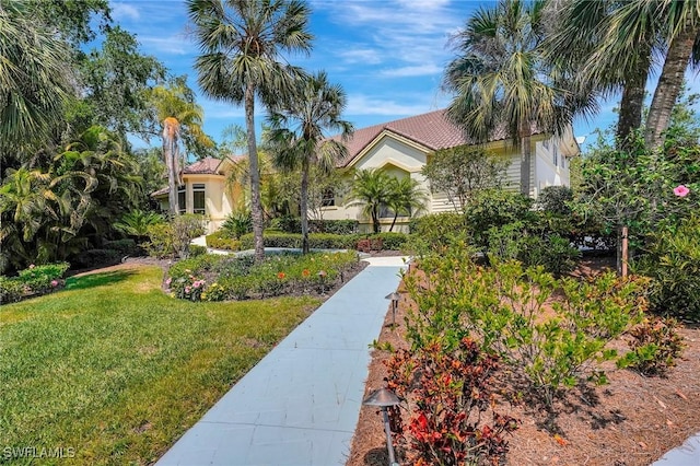 27231 Lakeway Ct, Bonita Springs, FL 34134 - exterior space featuring a front yard, a tiled roof, and stucco siding