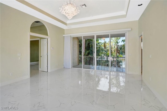 27231 Lakeway Ct, Bonita Springs, FL 34134 - spare room featuring a tray ceiling, a chandelier, marble finish floor, baseboards, and visible vents