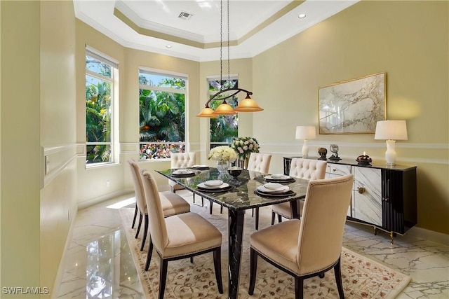27231 Lakeway Ct, Bonita Springs, FL 34134 - dining area with a tray ceiling, recessed lighting, ornamental molding, marble finish floor, and visible vents