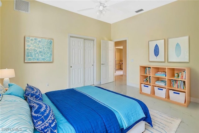 27231 Lakeway Ct, Bonita Springs, FL 34134 - bedroom with baseboards, visible vents, a closet, and ceiling fan