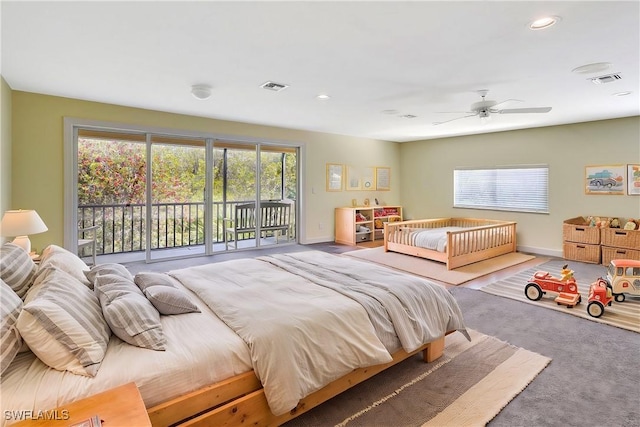 27231 Lakeway Ct, Bonita Springs, FL 34134 - bedroom with access to exterior, carpet flooring, baseboards, visible vents, and ceiling fan