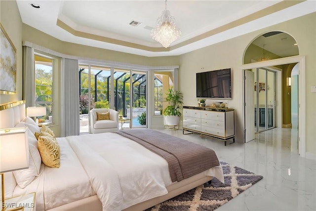 27231 Lakeway Ct, Bonita Springs, FL 34134 - bedroom featuring a tray ceiling, access to outside, marble finish floor, visible vents, and a notable chandelier