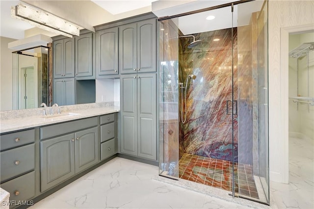 27231 Lakeway Ct, Bonita Springs, FL 34134 - bathroom with a closet, marble finish floor, a marble finish shower, and vanity