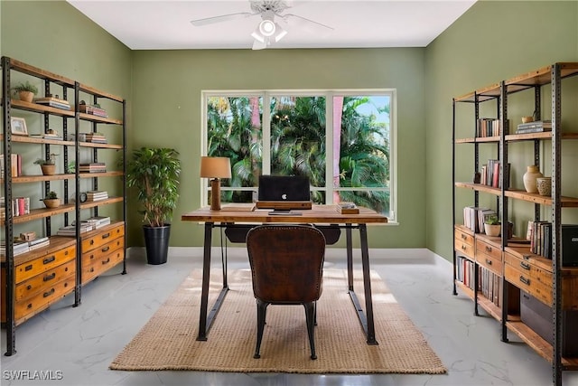 27231 Lakeway Ct, Bonita Springs, FL 34134 - office with marble finish floor, baseboards, and ceiling fan